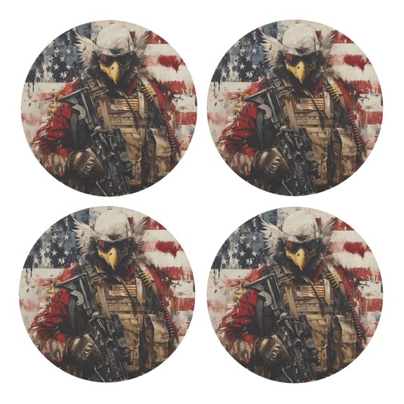 Xecao Bald Eagle Soldier for MDF Cork Coaster 4 Pcs,Drink Coasters,Suit for House Warming Gifts New Home ,Coffee Table Decor-Round Shape