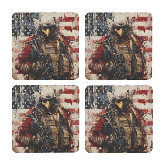 Xecao Bald Eagle Soldier for MDF Cork Coaster 4 Pcs,Drink Coasters,Suit for House Warming Gifts New Home ,Coffee Table Decor-Square