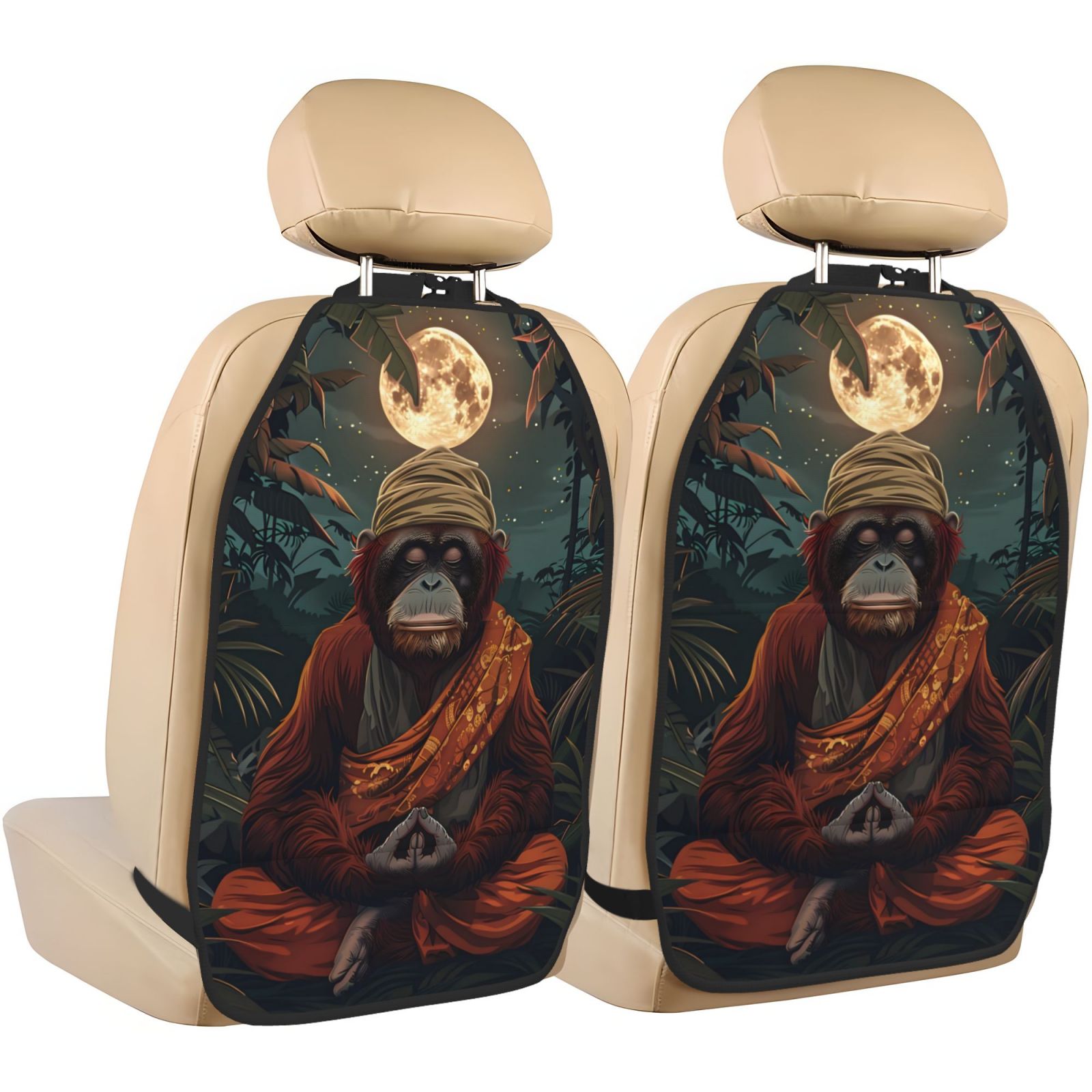 Xecao Banana Leaf Meditating Gorilla Pattern Car Seat Back Protector 2 Pack Large Capacity Pocket, Kick Mats Back Seat Protector