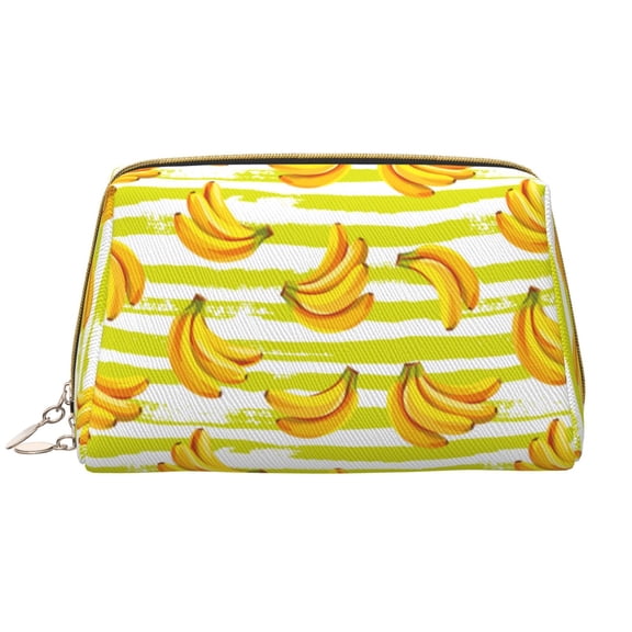 Xecao Bananas On A Striped Print Fashion Makeup PVC Bag Large Capacity Travel Cosmetic Bag for Women Organizer Toiletry Clutch
