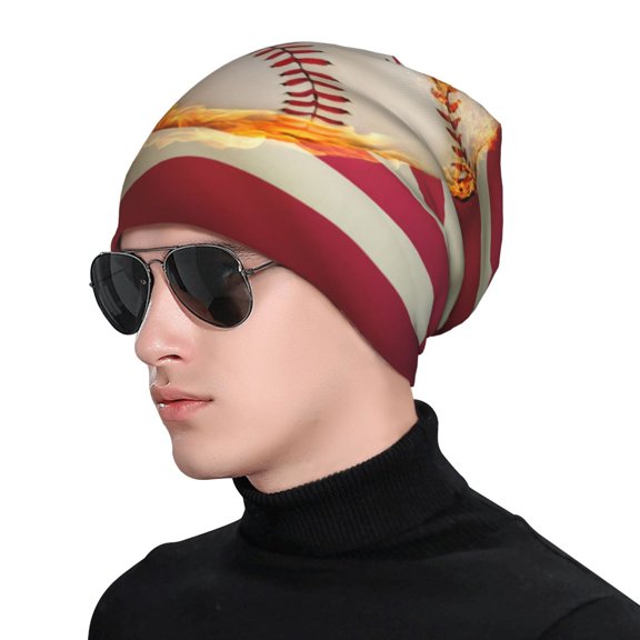 Xecao Baseball Ball With Flag Print Beanie Knitted Hat for Men Women, Winter Fashion Knit Cuffed Caps Unisex