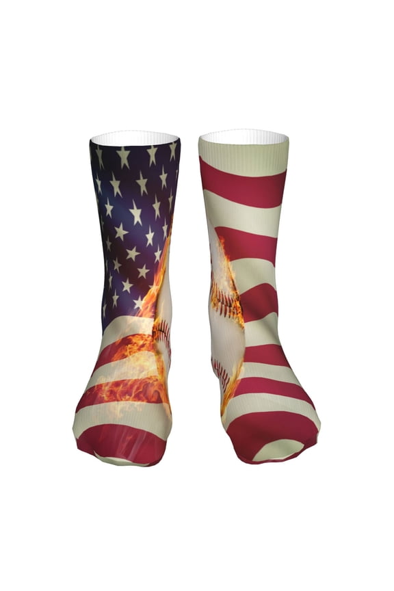 Baseball Ball With Flag Print Fashion No Heel Casual Crew Socks Cushioned Breathable for Men Women - Moisture wicking,Not easy to fade Suitable for daily