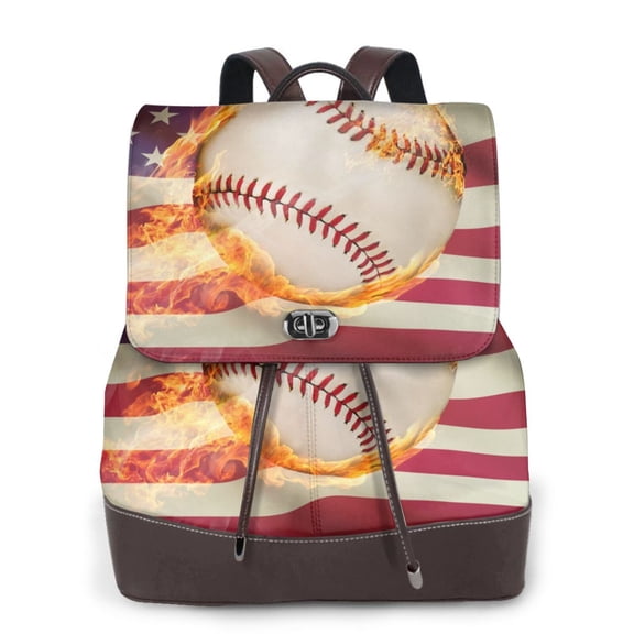 Xecao Baseball Ball With Flag Print Large Backpack Soft Leather for Women Travel with Compartment, Adjustable Convertible Strap