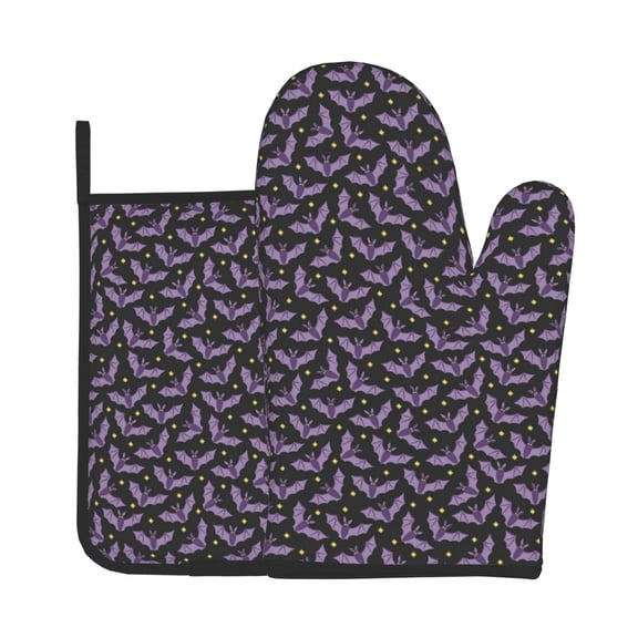 Xecao Bat Purple Pattern Oven Mitts and Pot Holders Sets Heat Resistant Silicone Oven Mittens Extra Thicken Long Kitchen Cotton Oven Glove for Cooking