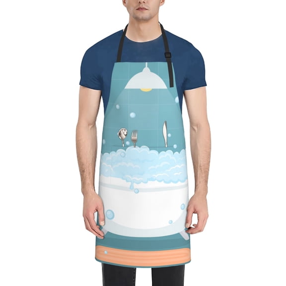 Xecao Bathtub with Soap Bubbles Print Kitchen Cooking Aprons, Waterproof Adjustable Bib Aprons with 2 Pockets for Women Men Chef