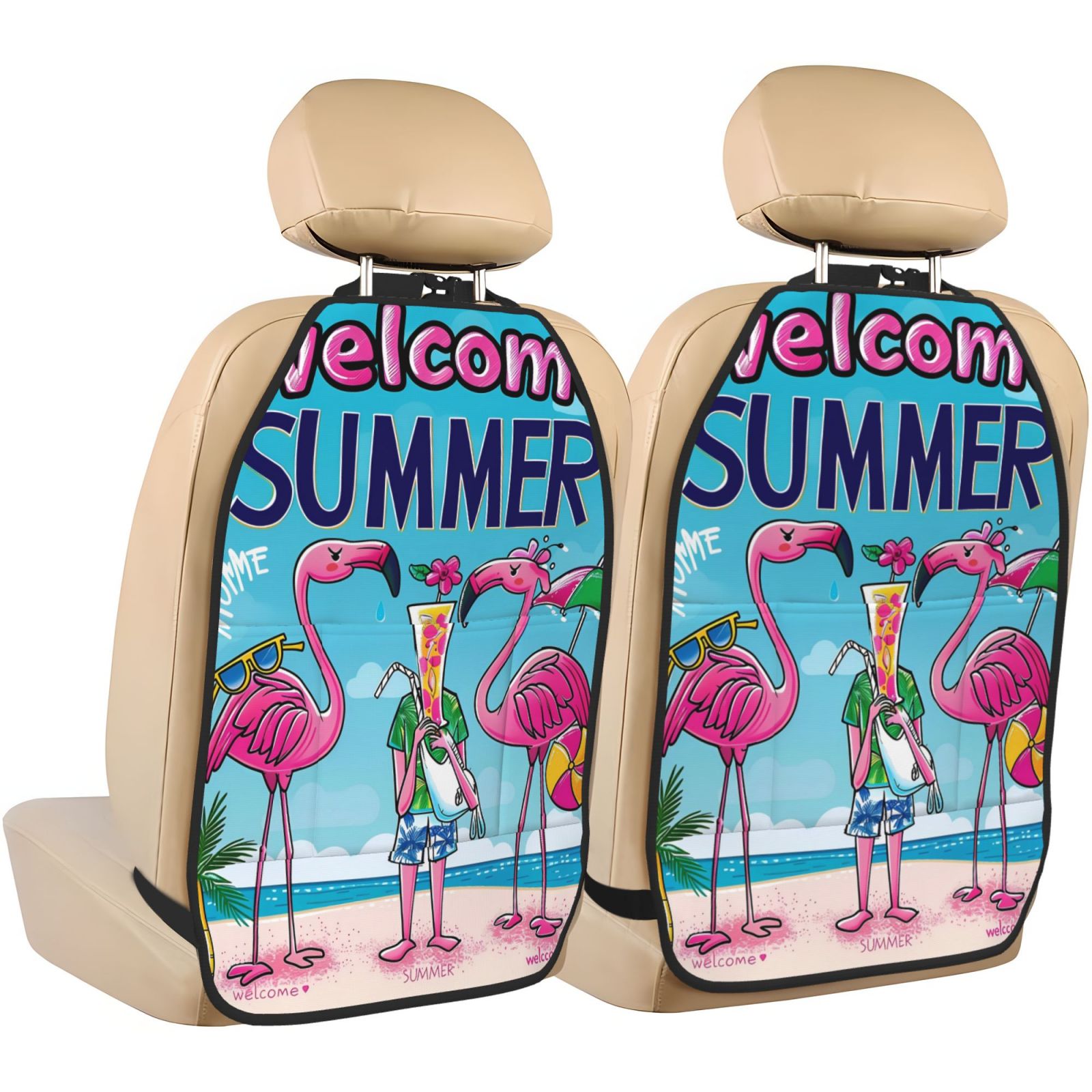Xecao Beach Flamingo Trio Pattern Car Seat Back Protector 2 Pack Large Capacity Pocket, Kick Mats Back Seat Protector