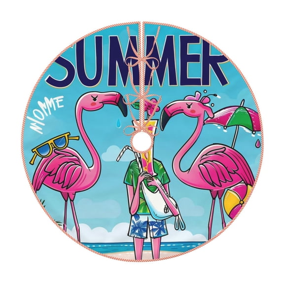 Xecao Beach Flamingo Trio Pattern Christmas Tree Skirt Round Xmas Tree Mat Base Cover for Holiday Home Decorations-30"