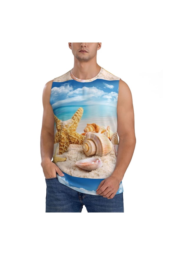 Beach Starfish Shell Print Men's Tank Top: Sleek Sleeveless Tee for Casual Sports and Beach Occasions-3X-Large