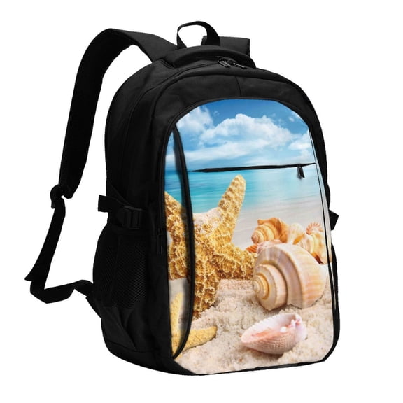 Xecao Beach Starfish Shell for Travel Laptop Backpack, USB-Charging-Enabled, Spacious Business Backpack for Men and Women,College School Computer Bag