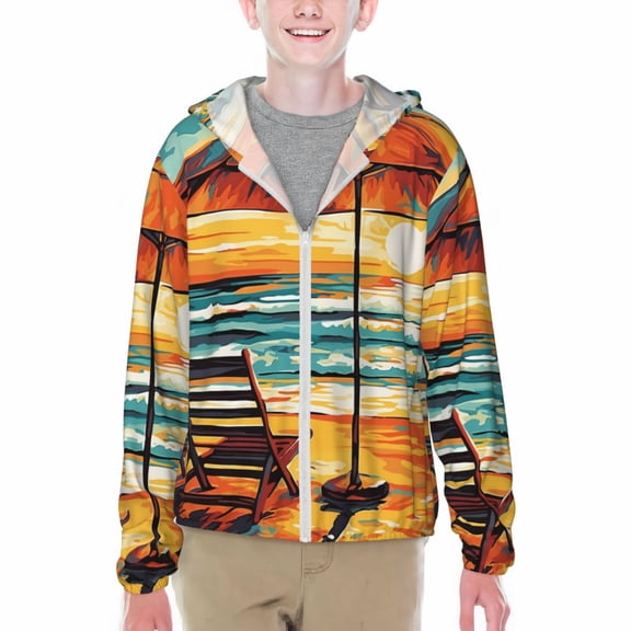 Xecao Beach Umbrella Sunset Print Fishing Shirts for teenager Long Sleeve UV Sun Protection Hoodie with Zipper Outdoor Hiking Shirts-Small