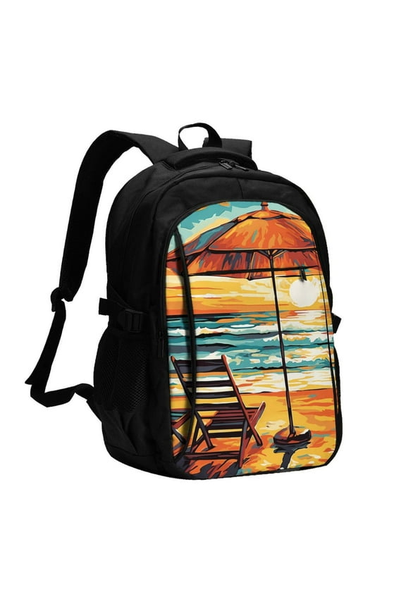 Beach Umbrella Sunset for Travel Laptop Backpack, USB-Charging-Enabled, Spacious Business Backpack for Men and Women,College School Computer Bag