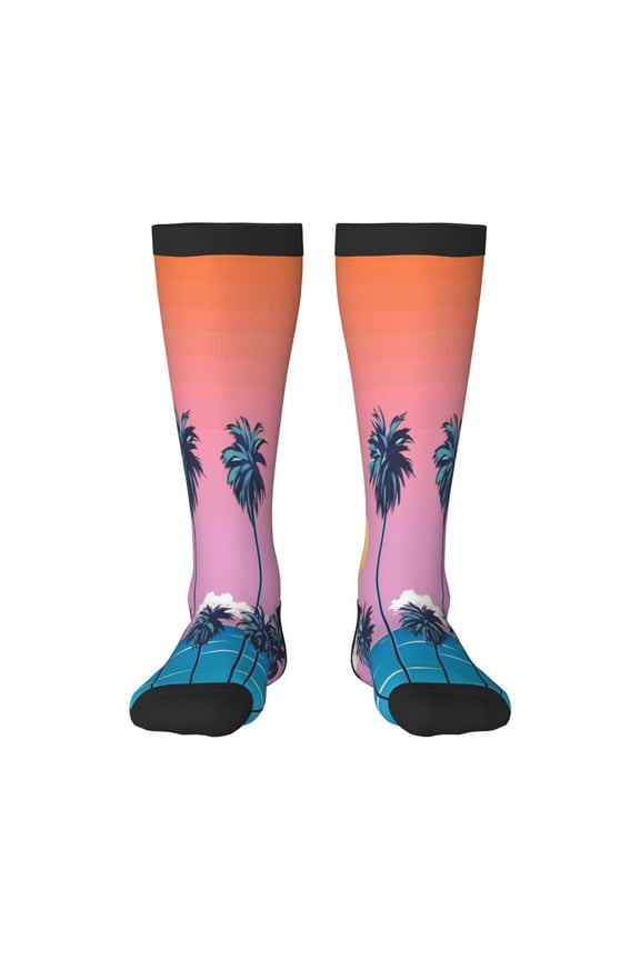 Beach with Palm Trees print thigh-high socks, crafted for both men and women with a stretchy, high-opaque design perfect for daily wear