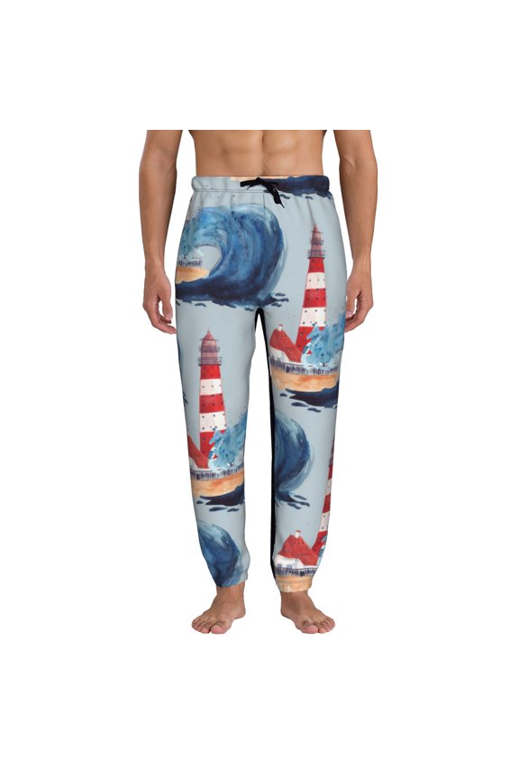 Beacon In The Huge Waves Of The Surf Print Active Tech Joggers for Men, Mens Sweatpants Lounge Pants with Pockets-X-Large