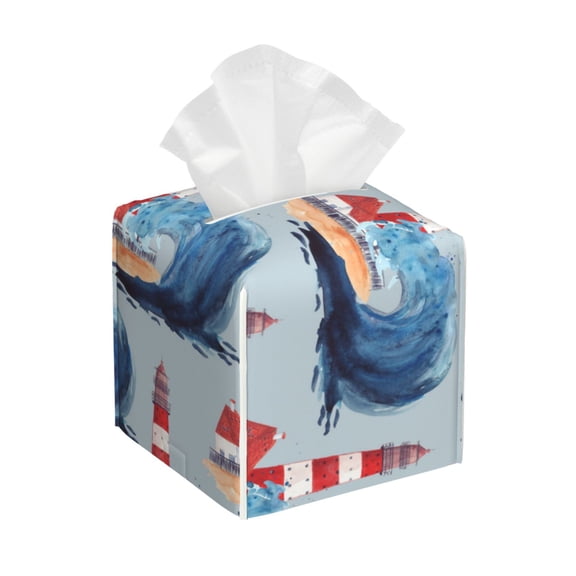 Xecao Beacon In The Huge Waves Of The Surf for Tissue Box Cover Holder Square - Leather Decorative Organizer for Tabletop, Bathroom, Car, Office