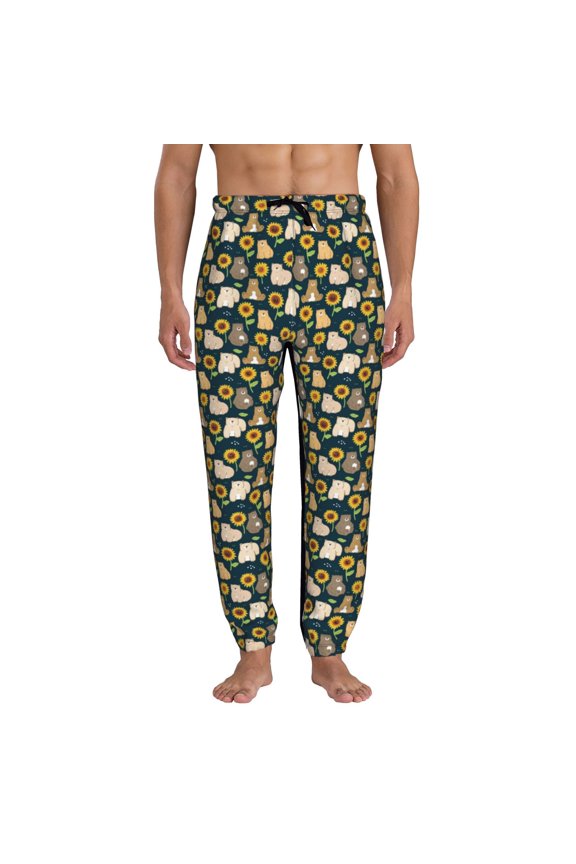 Bear Sunflower Print Active Tech Joggers for Men, Mens Sweatpants Lounge Pants with Pockets-X-Large