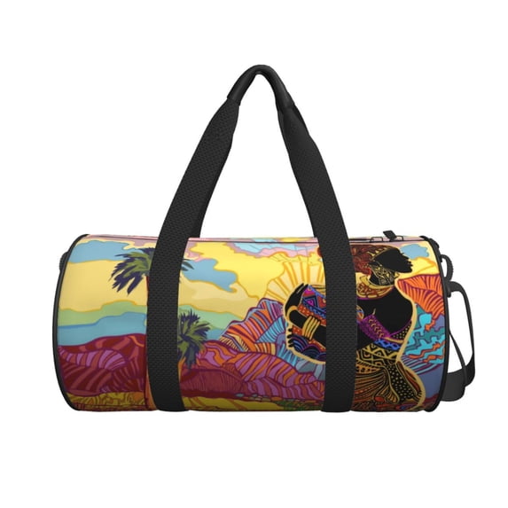 Xecao Beautiful African Woman print Round Travel Duffel Bag is a foldable gym bag with an inner pocket, perfect for travel sports