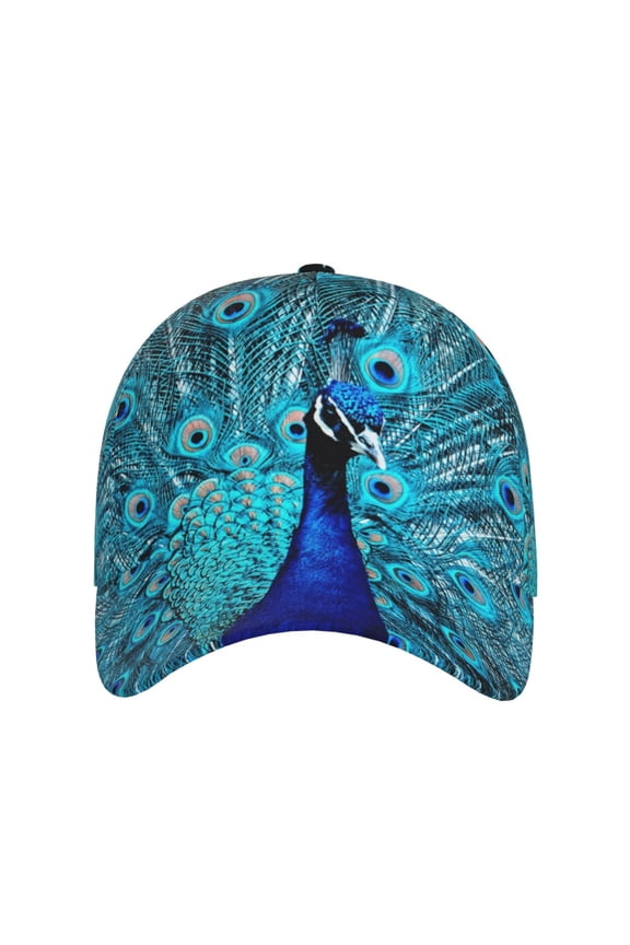 Beautiful Blue Peacock for Baseball Cap: Unisex, crafted from classic polyester twill fabric, featuring a soft unconstructed design