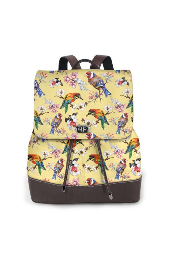 Beautiful Bright Birds And Flowers Print Large Backpack Soft Leather for Women Travel with Compartment, Adjustable Convertible Strap