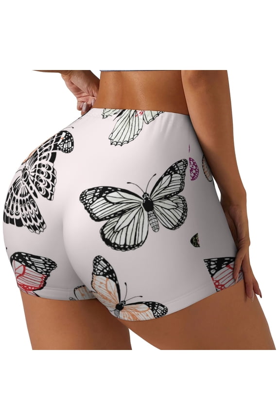 Beautiful Butterfly Print Workout Shorts for Women Soft Smooth Gym Yoga Scrunch Active Tennis Workout Running Shorts-Large