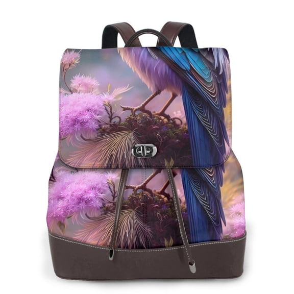 Xecao Beautiful Flower Blue Bird Print Large Backpack Soft Leather for Women Travel with Compartment, Adjustable Convertible Strap