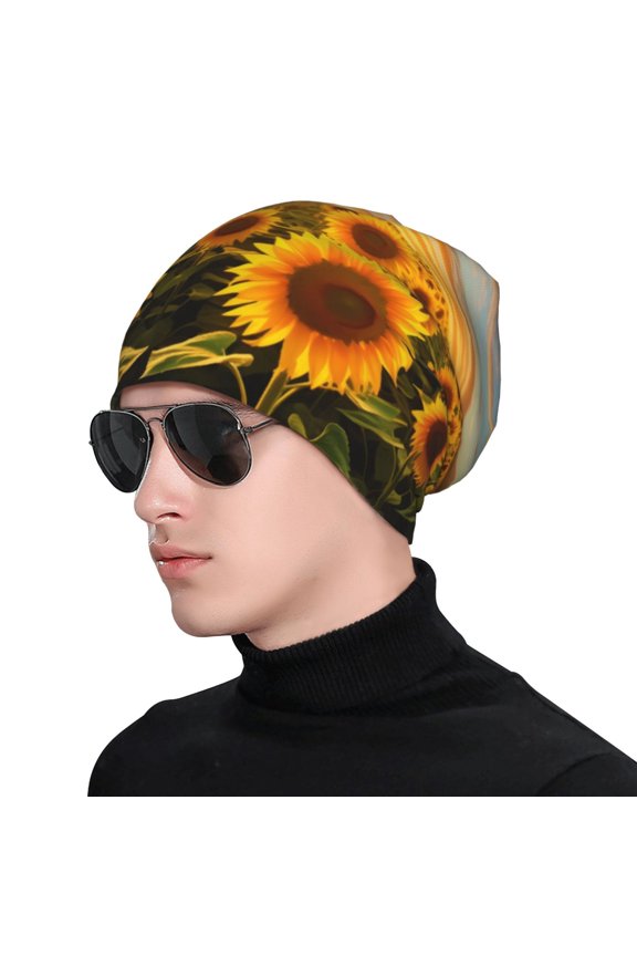 Beautiful Golden Sunflower Field Print Beanie Knitted Hat for Men Women, Winter Fashion Knit Cuffed Caps Unisex