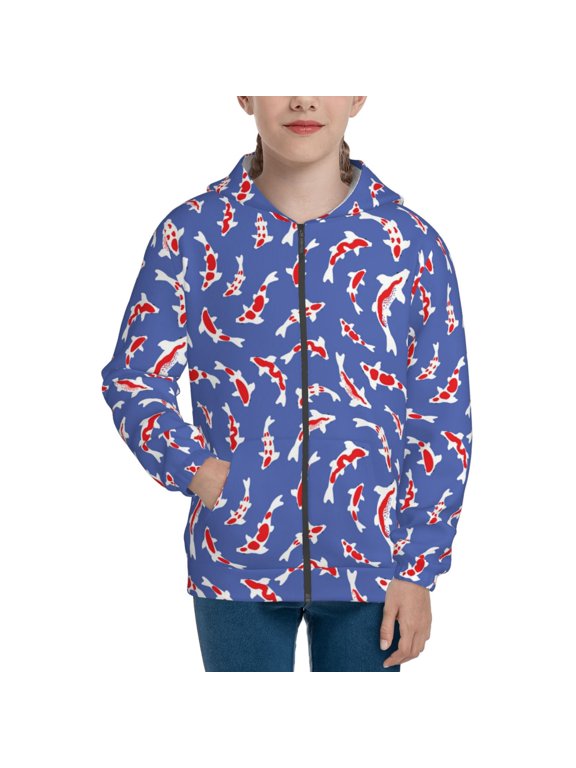 Beautiful Koi Fish Pattern Zip Up Hoodies for Boys Girls, Sweatshirt with Pockets-Small