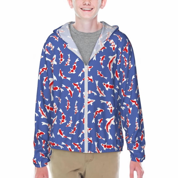 Xecao Beautiful Koi Fish Print Fishing Shirts for teenager Long Sleeve UV Sun Protection Hoodie with Zipper Outdoor Hiking Shirts-Small