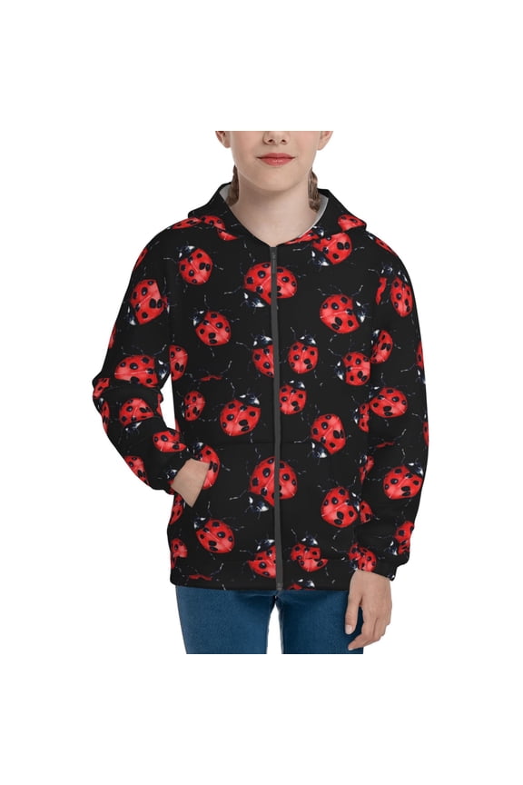 Beautiful Red Ladybug Pattern Zip Up Hoodies for Boys Girls, Sweatshirt with Pockets-Medium