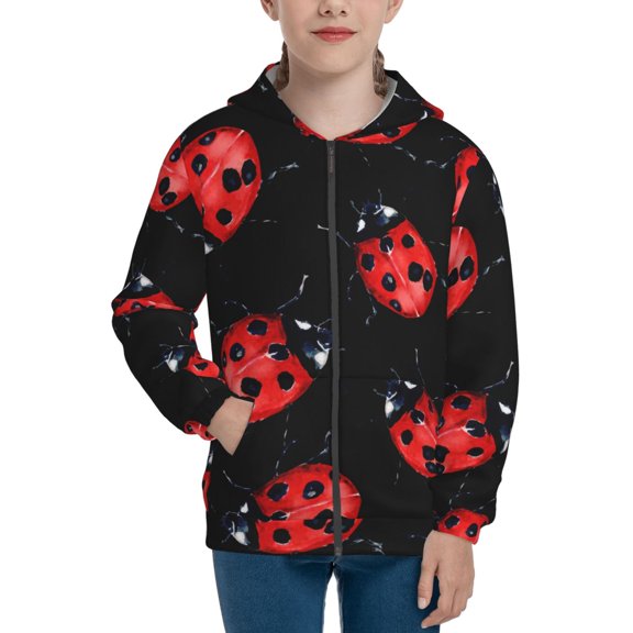 Xecao Beautiful Red Ladybug Pattern Zip Up Hoodies for Boys Girls, Sweatshirt with Pockets-Small