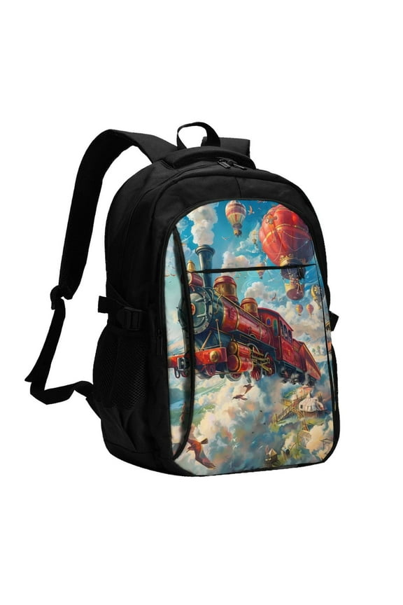 Beautiful Red Train Hot Air Balloon for Travel Laptop Backpack, USB-Charging-Enabled, Spacious Business Backpack for Men and Women,College School Computer Bag