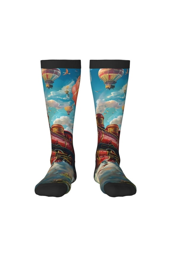Beautiful Red Train Hot Air Balloon print thigh-high socks, crafted for both men and women with a stretchy, high-opaque design perfect for daily wear