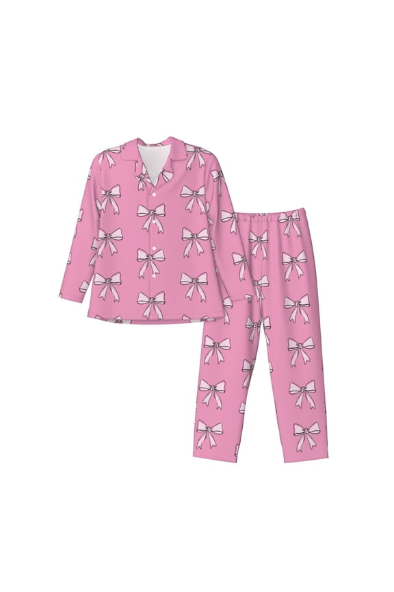 Beautiful pink bow Print Pajamas Set Mens Pajamas Long Sleeve Loungewear Two-Piece Sleepwear Button-Down Pjs Set,2PJS-Large