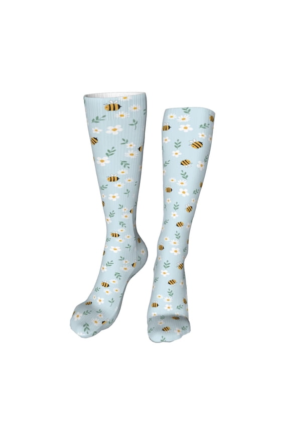 Bee Flower Print Calf Socks Seamless Toe, Knee High Long Socks, Sports Socks Trouser Socks for Women and Men-One Size