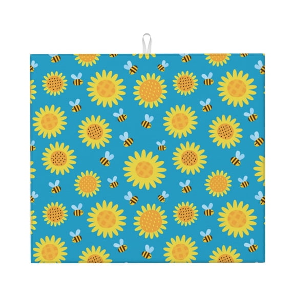 Xecao Bee Sunflower Print Dish Drying Mat for Kitchen Counter,Absorbent Coffee Bar Mat, Dish Drainer Rack Mats,Dining Room Decoration