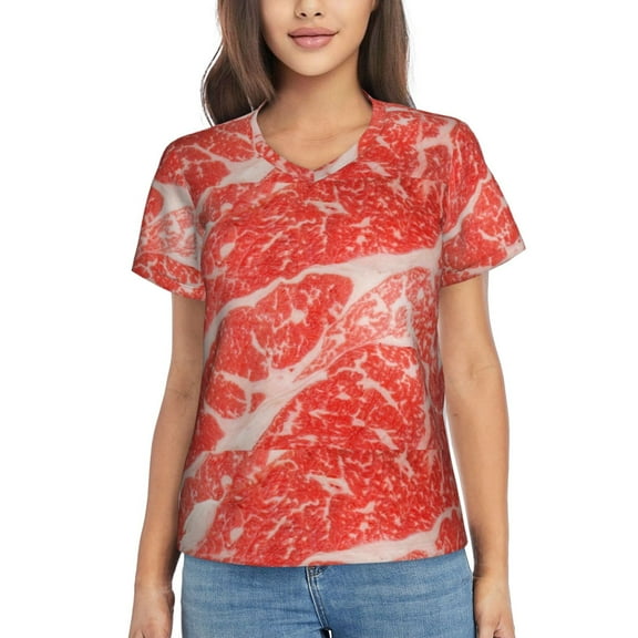 Xecao Beef Steaks for Women's V-Neck T-Shirts-Elegant Half-Sleeve Tops Perfect for Summer-Small