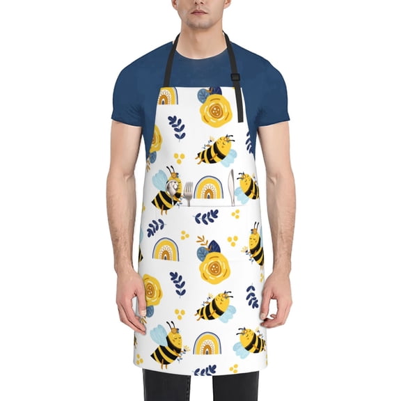 Xecao Bees And Rainbows Print Kitchen Cooking Aprons, Waterproof Adjustable Bib Aprons with 2 Pockets for Women Men Chef