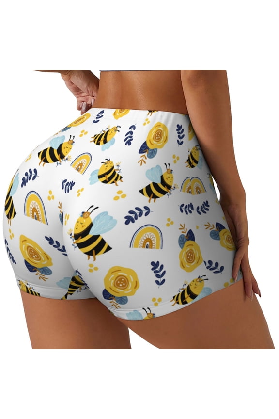 Bees And Rainbows Print Workout Shorts for Women Soft Smooth Gym Yoga Scrunch Active Tennis Workout Running Shorts-Large