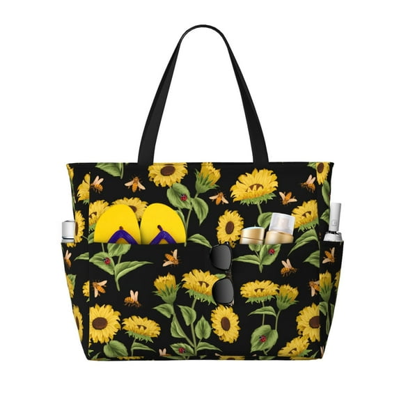 Xecao Bees and Sunflowers for versatile beach bag for women includes zipper pockets and waterproof material, ideal for vacations and adventures.