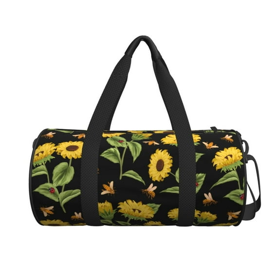 Xecao Bees and Sunflowers print Round Travel Duffel Bag is a foldable gym bag with an inner pocket, perfect for travel sports