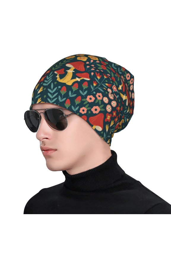 Berries and Flowers Print Beanie Knitted Hat for Men Women, Winter Fashion Knit Cuffed Caps Unisex