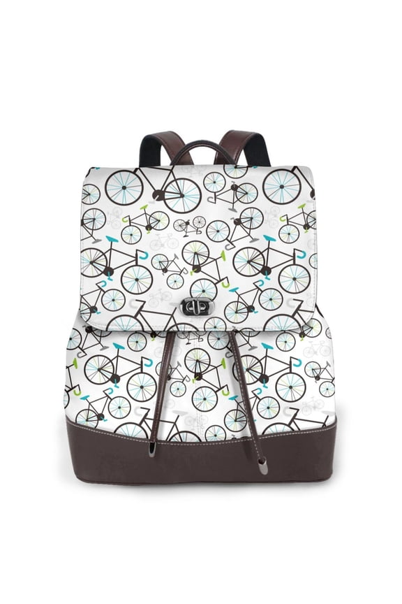 Bicycle Print Large Backpack Soft Leather for Women Travel with Compartment, Adjustable Convertible Strap