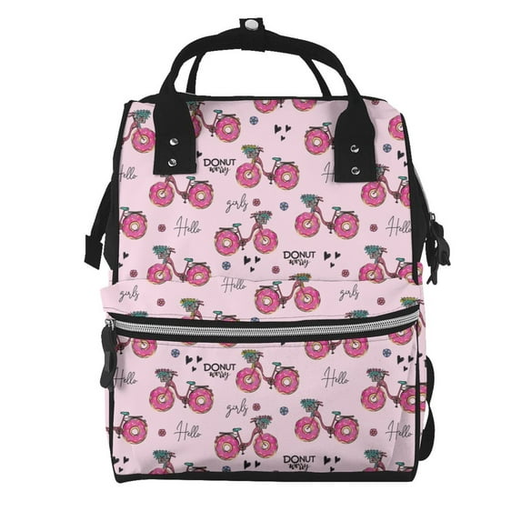 Xecao Bike with Donut Wheels print Large Capacity Nappy Bag is a multi-functional waterproof travel backpack, perfect as a nursing bag or mummy backpack for women