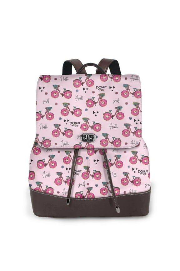 Bike with Donut Wheels Print Large Backpack Soft Leather for Women Travel with Compartment, Adjustable Convertible Strap