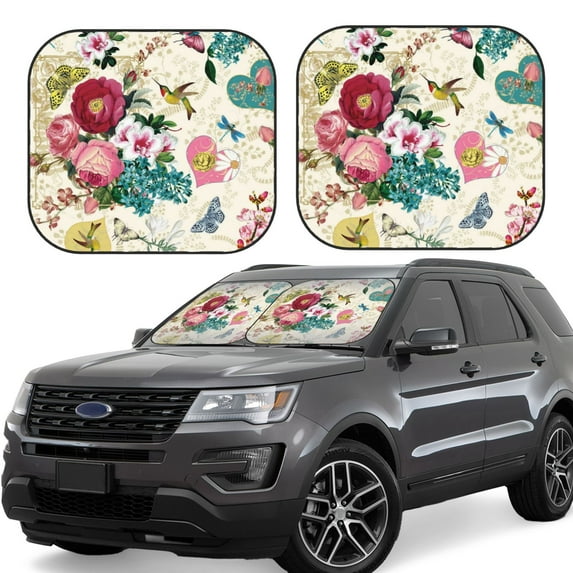 Xecao Bird Butterfly Rose for Foldable Car Sun Shades (2-Pack) offer sun protection with an easy-fold design for convenient windshield shading.