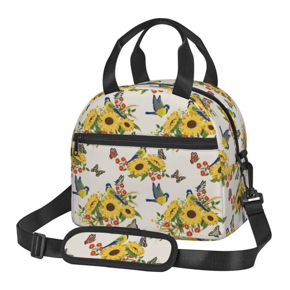 Xecao Bird Sunflowers Print Insulated Lunch Box, Lunch Cags Lunch Bag Featuring An Adjustable Shoulder Strap