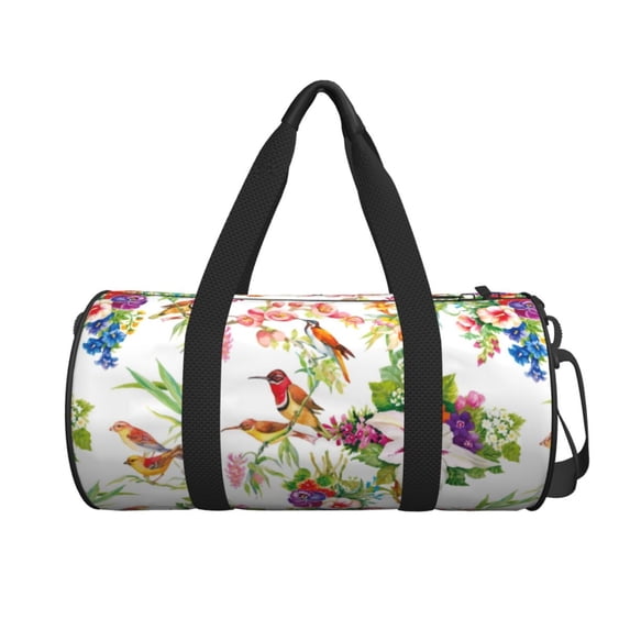 Xecao Birds And Flowers print Round Travel Duffel Bag is a foldable gym bag with an inner pocket, perfect for travel sports