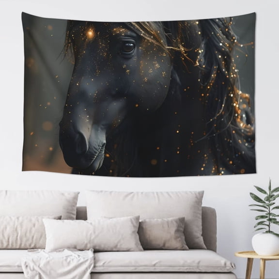 Xecao Black And Gold White Horse Print Tapestry, Wall Hanging Room Funny Decor, Backdrop Room Decor for Bedroom Living Room dormitory