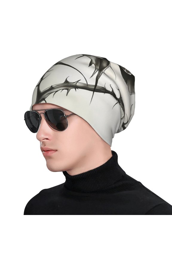 Black And White Rose Print Beanie Knitted Hat for Men Women, Winter Fashion Knit Cuffed Caps Unisex