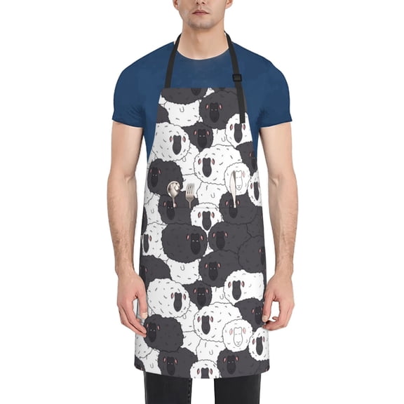 Xecao Black And White Sheeps Print Kitchen Cooking Aprons, Waterproof Adjustable Bib Aprons with 2 Pockets for Women Men Chef