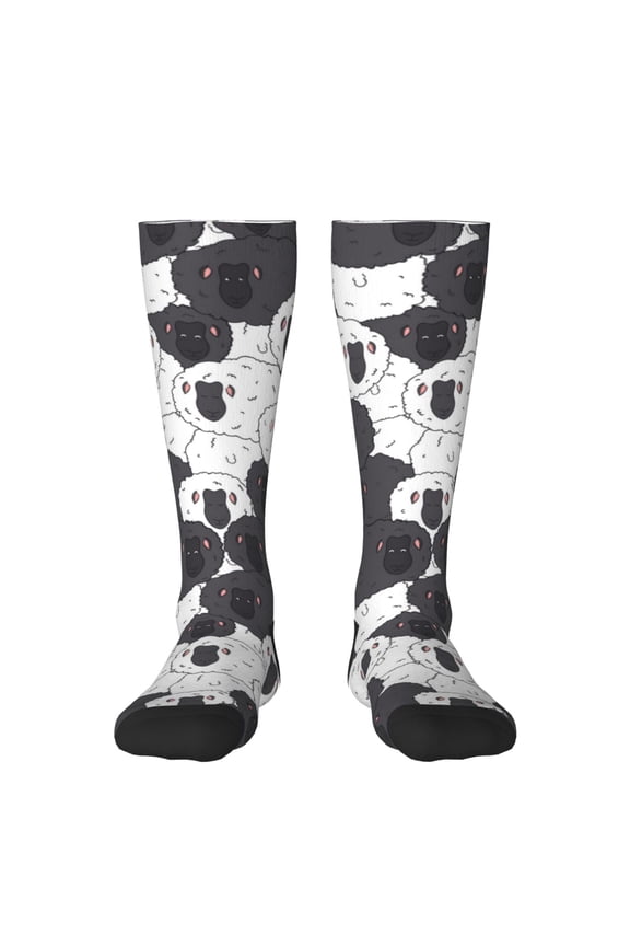Black And White Sheeps print thigh-high socks, crafted for both men and women with a stretchy, high-opaque design perfect for daily wear